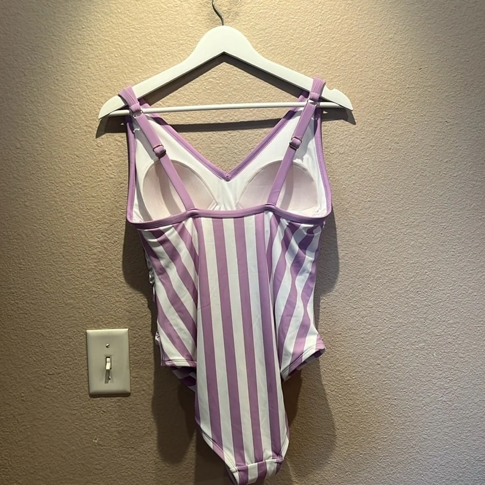 New Kona Sol 14W Lavender Purple Striped Retro Swimsuit- One Piece NWT